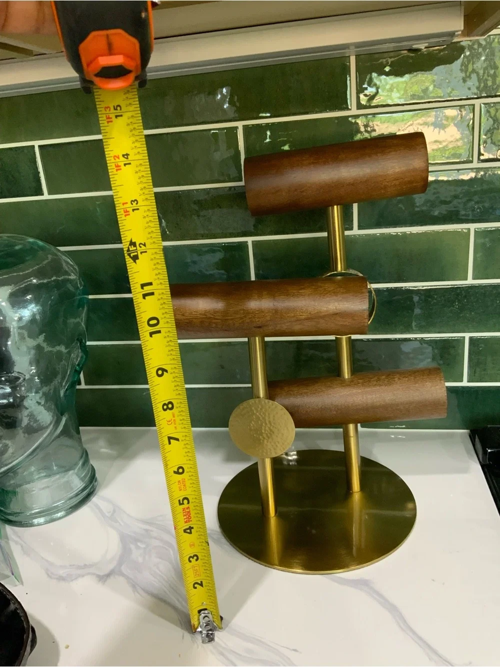Anthropologie Wood and Brass Tiered Jewelry T-Bar - Brown and Gold